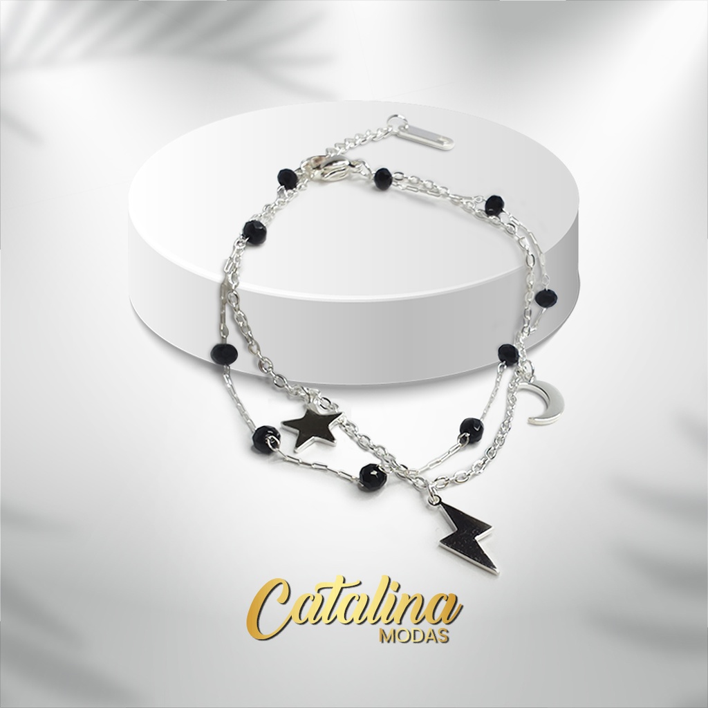 Pulsera doble con dijes. Acero blanco