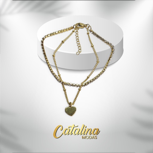 [26-APU23D] Pulsera doble con dije de corazón. Acero dorado