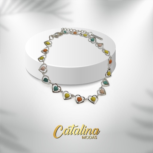 [APUDI310P] Pulsera acero con corazones de color